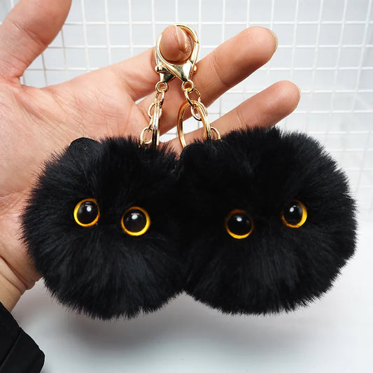 Black Cat Pom Pom Fluffy Keychain
