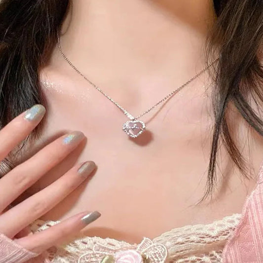 Pink Silver Heart Chain Necklace