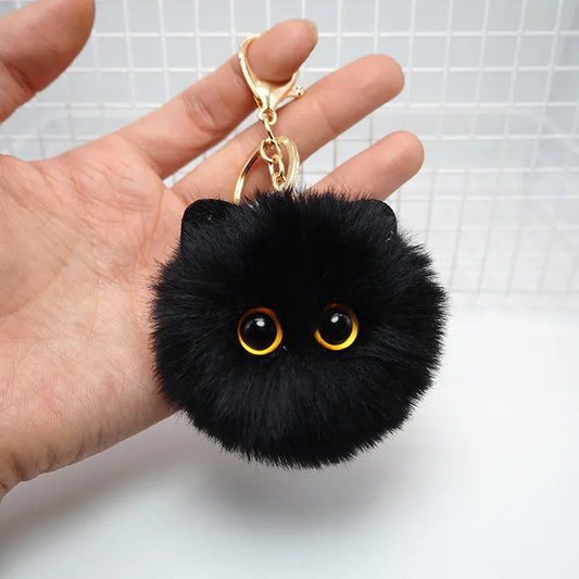 Black Cat Pom Pom Fluffy Keychain